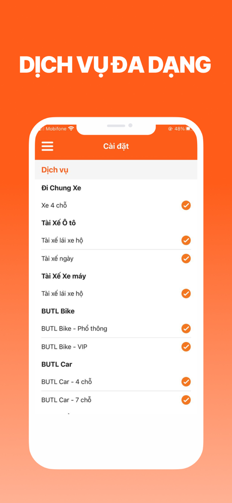 BUTL - Tài Xế - A mobile interface of the BUTL driver app showing a list of various transportation and chauffeur services