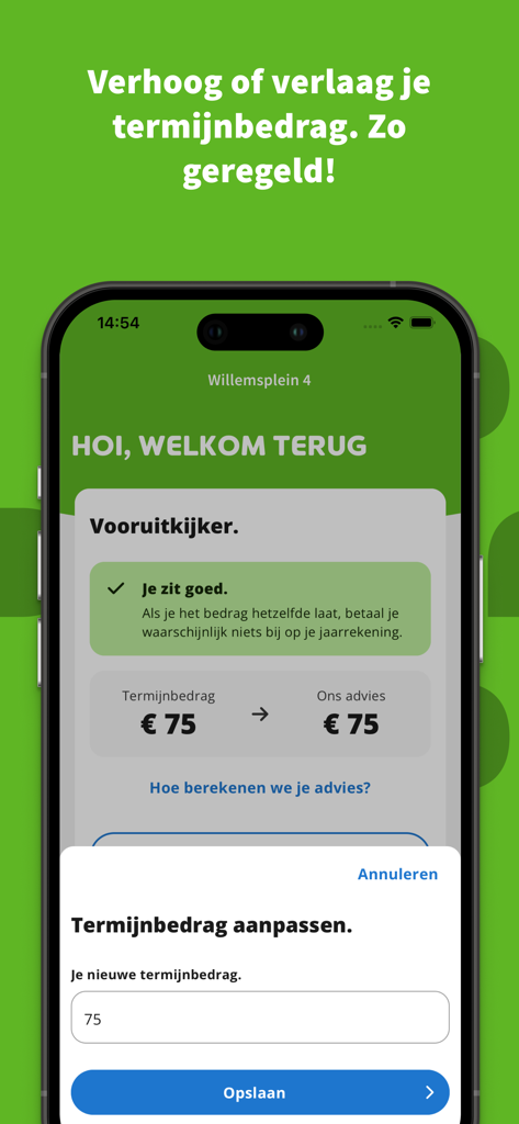Regelneef - energiedirect - Regelneef app interface showing monthly installment adjustment and energy cost predictor