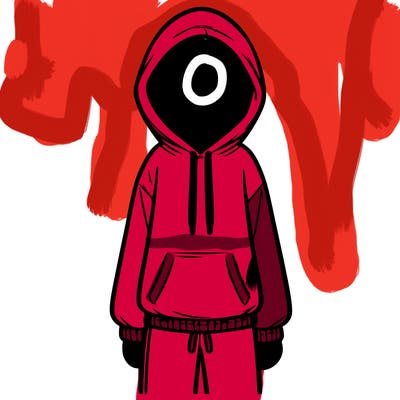 faceless girl in a tracksuit with a hood on and no hair