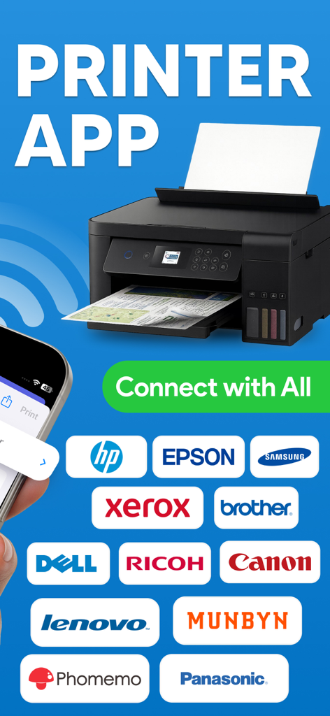 Smart Printer App for HP Smart - HP、Epson、Canonなどの複数のプリンターブランドとの互換性を表示するスマートプリンターアプリのインターフェイス