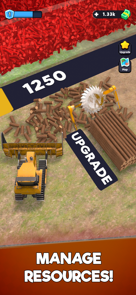 Gameplay screenshot of Lumber Chopper showing a bulldozer and circular saw processing logs with a Manage Resources caption
