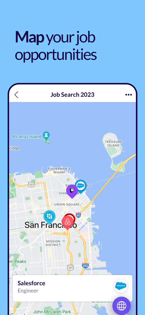 Interfaccia di mappa che mostra opportunità di lavoro in diverse sedi aziendali a San Francisco