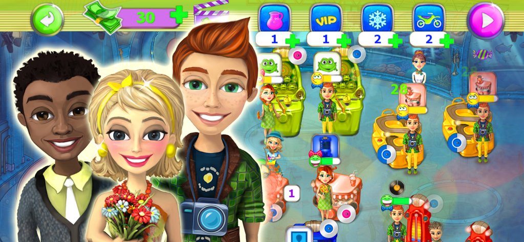 Funmania: time management game - Sophie and her friends next to a busy amusement park arcade management level in Funmania