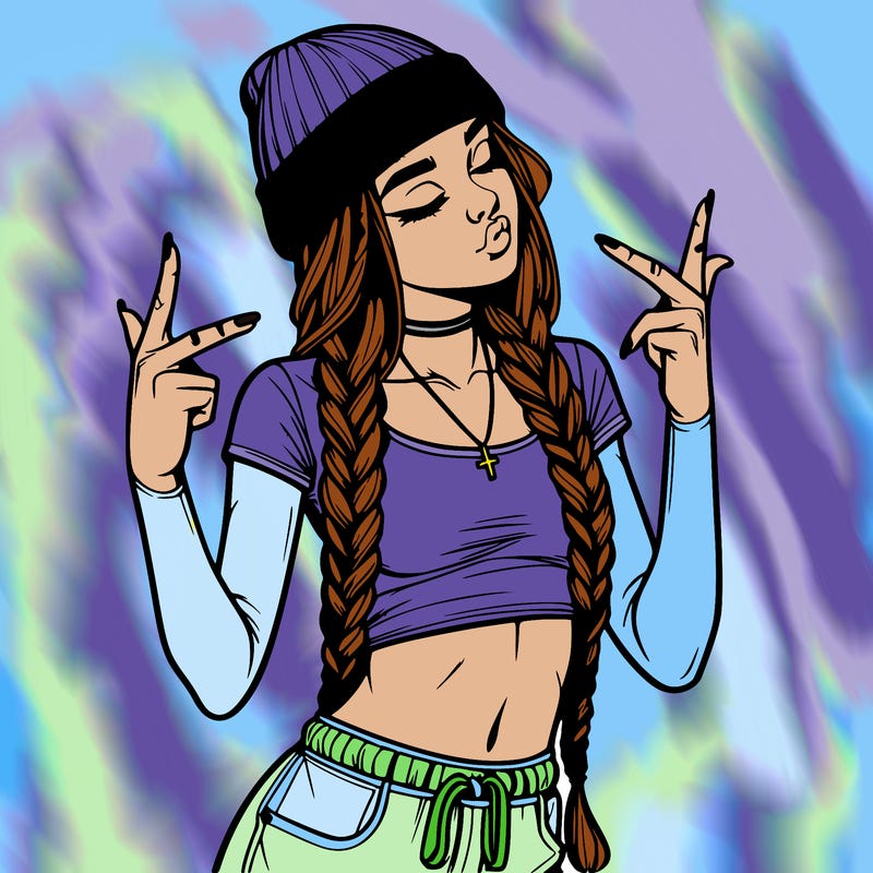realistic teenage girl with braids and a beanie and crop top doing 🫶🏼