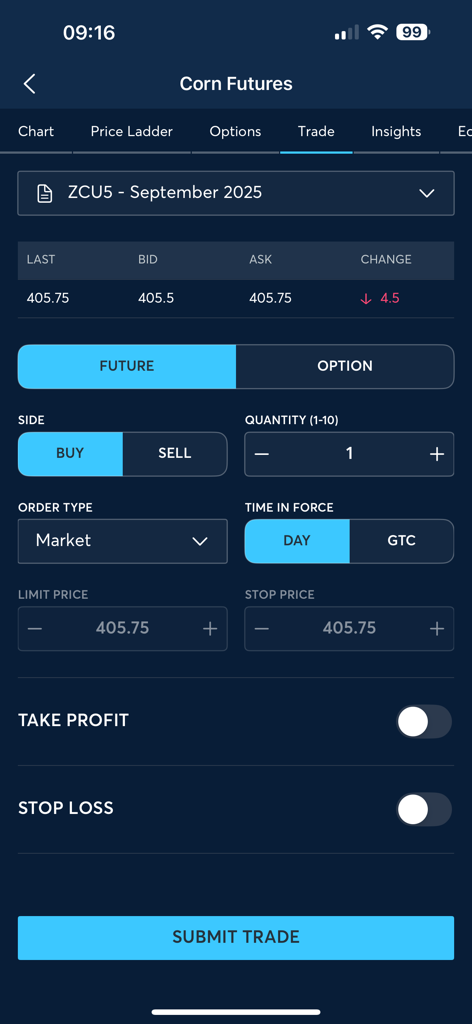 CME Group Mobile - Trading interface for corn futures in the CME Group Mobile app showing order entry options like buy sell quantity and market price.