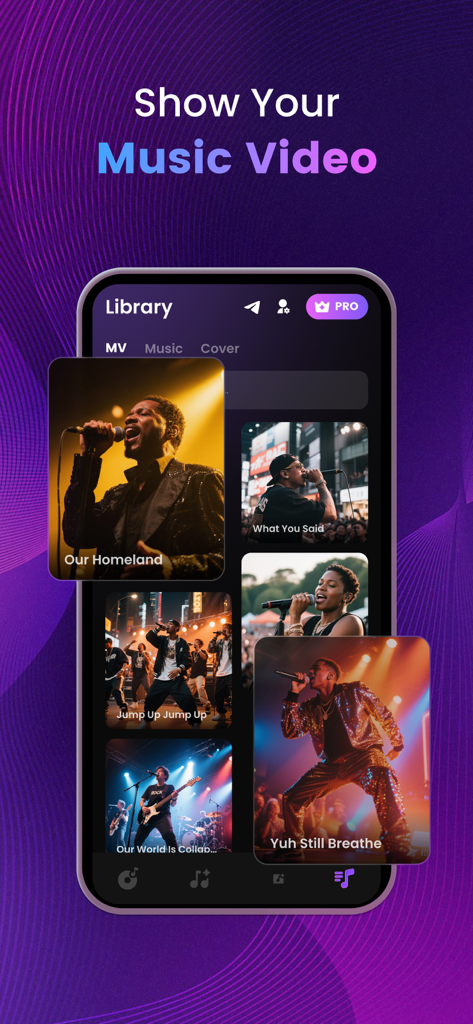 The library screen of the Sondo app showcasing a gallery of AI-generated music videos