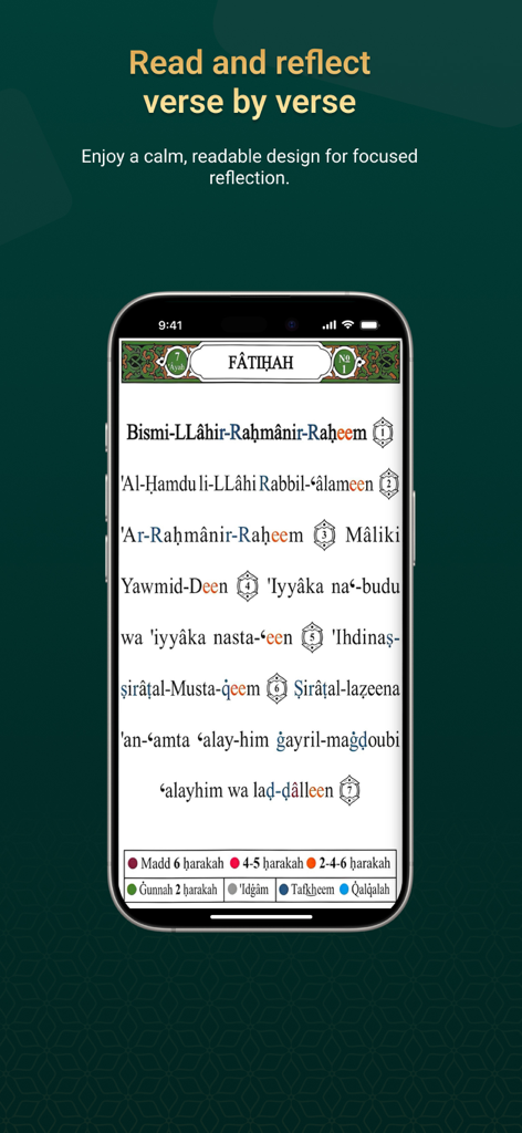 Noor: Phonetic Quran Guide - Smartphone screen displaying phonetic Quran transcription with color-coded Tajweed rules in the Noor app.