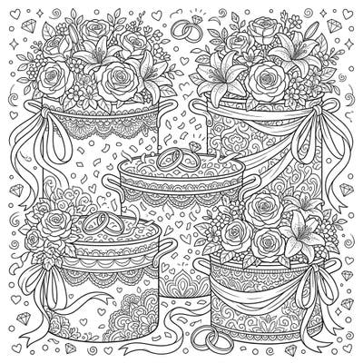 Step into a world of elegant celebrations with this intricate adult coloring page. Discover beautifully adorned stockpots overflowing with wedding flowers, delicate lace, and sparkling rings, offering hours of relaxing creativity.