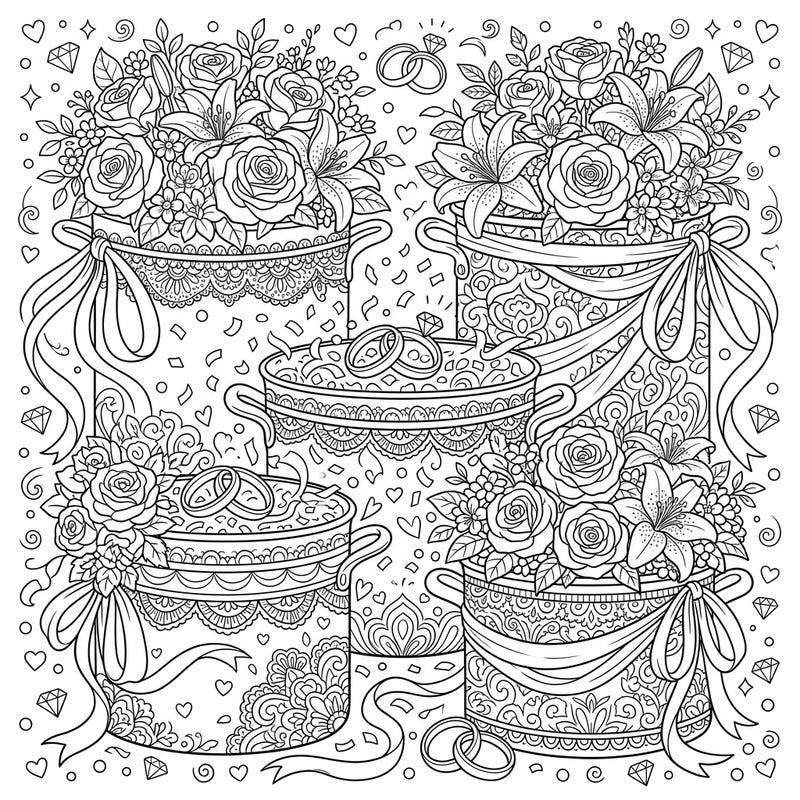 Step into a world of elegant celebrations with this intricate adult coloring page. Discover beautifully adorned stockpots overflowing with wedding flowers, delicate lace, and sparkling rings, offering hours of relaxing creativity.