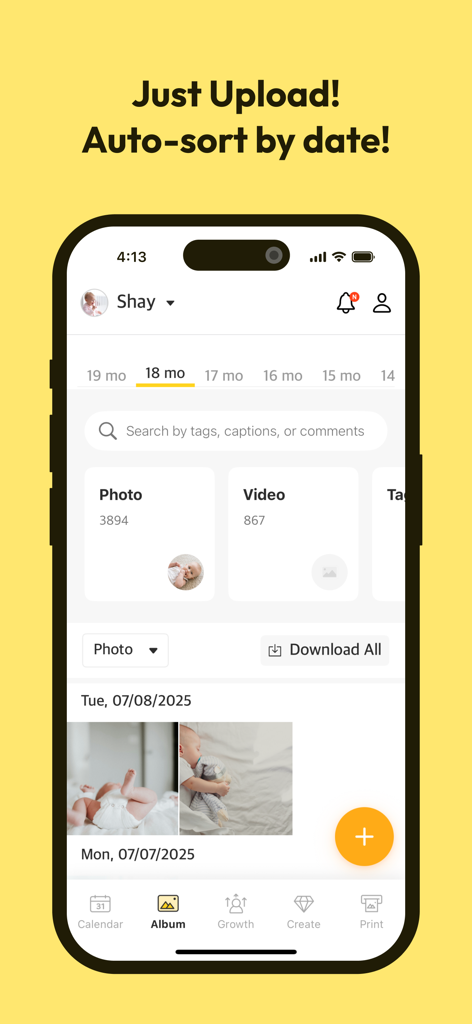 Screenshot dell'iPhone dell'app Babyfolio che mostra un album fotografico privato del bambino organizzato automaticamente per data e mese
