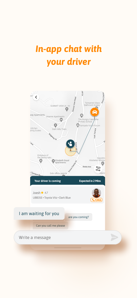 SafeBoda with SafeCar - In-app chat interface showing a SafeBoda driver location on a map