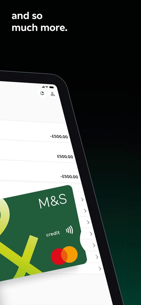 Marks and Spencer banking app credit card and transaction screen