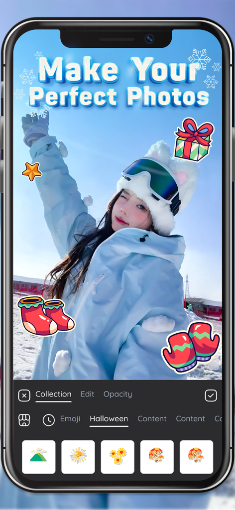 冬の写真にテキストとステッカーが追加されたモバイルアプリインターフェース。