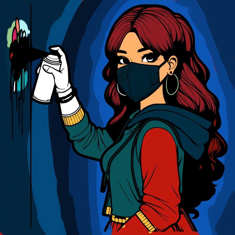 realistic girl with mask spray painting a wall