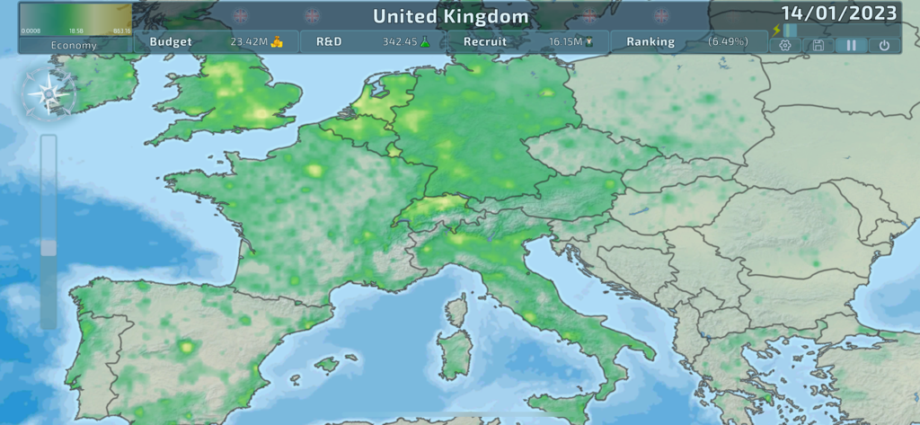 Dummynation game interface showing a strategic map of Europe with economic and military stats