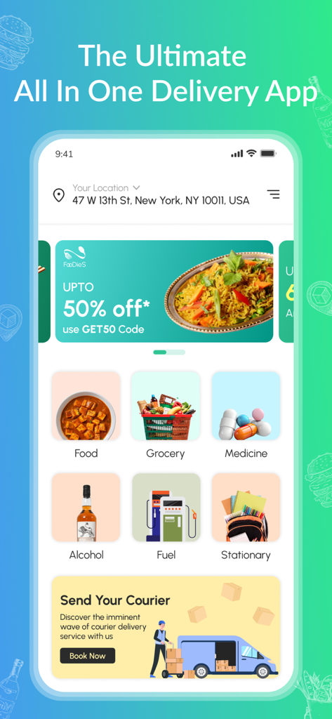 Fox-Delivery Anythingアプリのホームスクリーン。ニューヨークでのフード、食料品、薬、 courier サービスのオプションが表示されています。