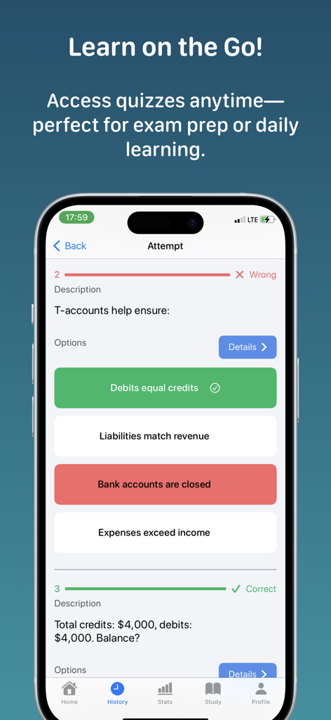 Accounting Quiz+ - An iPhone screen displaying a quiz question about debits and credits within the Accounting Quiz Plus app for student exam preparation