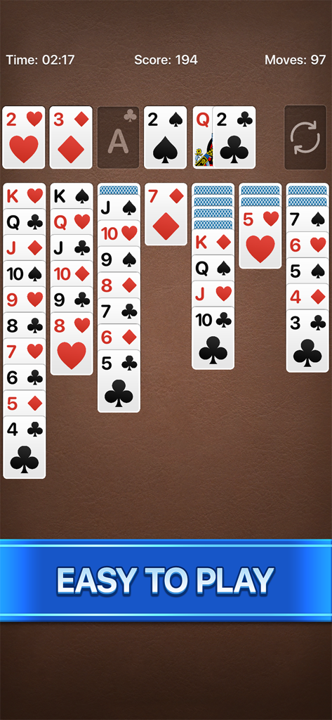 Solitaire Calm, Relax and Play - A classic Klondike solitaire game in progress on a brown textured background with an easy to play banner