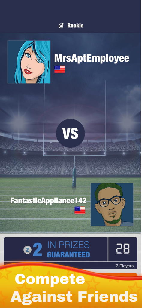 Real Money Football Flick Game - Versus screen showing two players competing in a real money football flick match