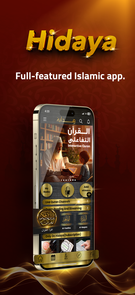 Quran Hidaya - قرآن هداية - Ein Smartphone, das die Benutzeroberfläche der Quran Hidaya App mit interaktiven Koran- und Gebetstools anzeigt.