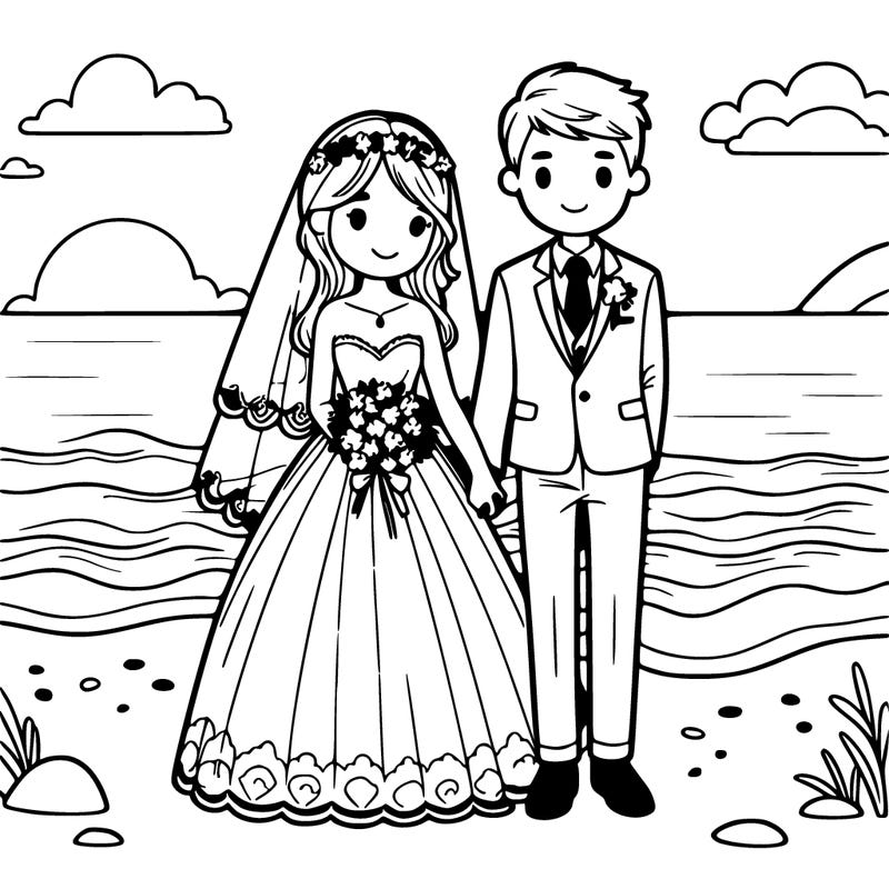 a bride and groom in beach