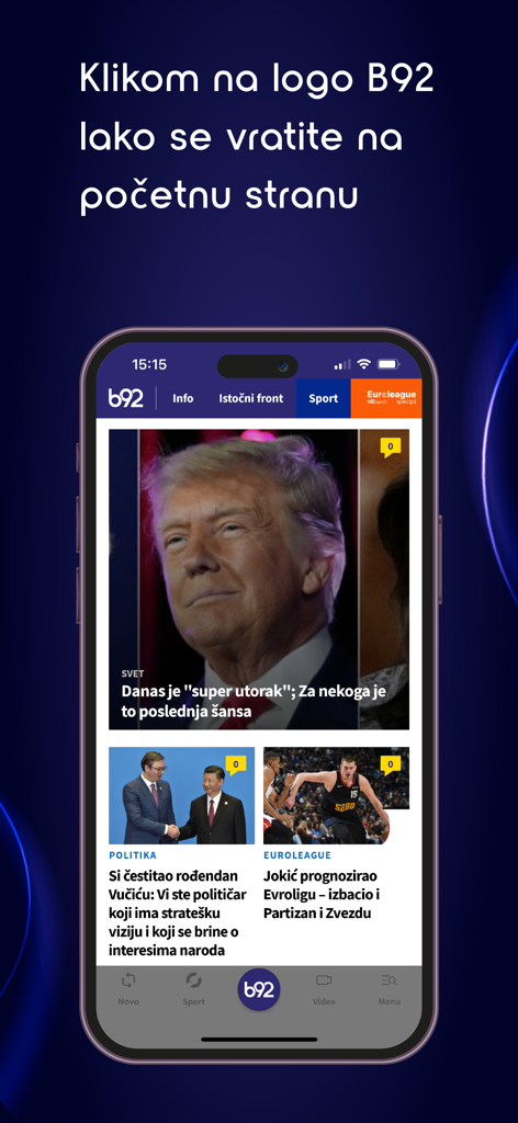 B92 - Interfaccia dell'applicazione di notizie mobile B92 che mostra la schermata principale con articoli in serbo su politica e sport