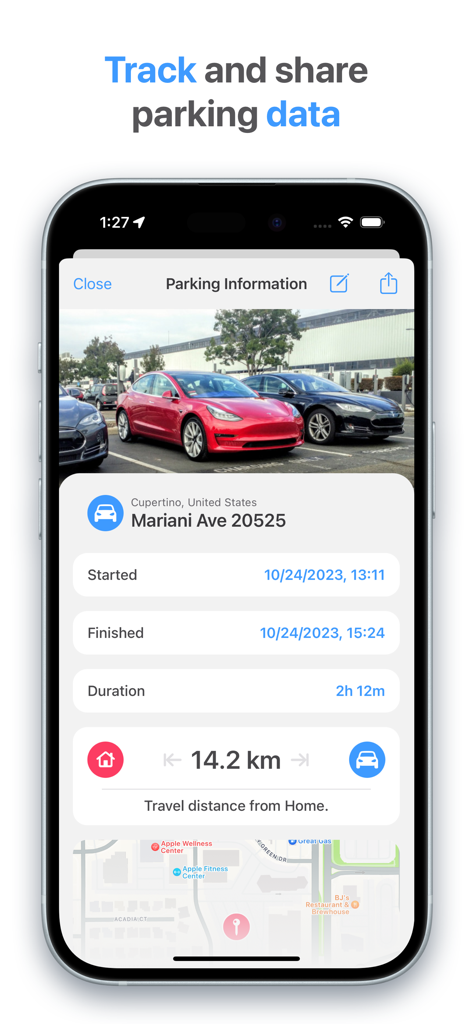 Interface of the Find My Car app showing detailed parking information including car photo address duration and travel distance