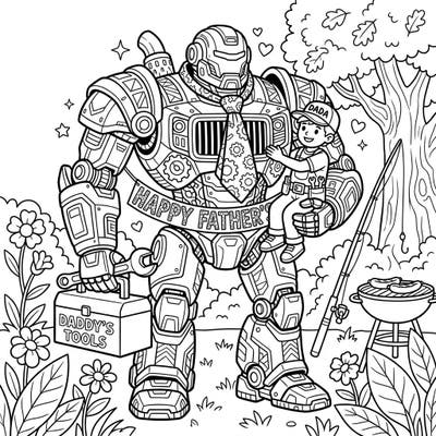 Gear up for an unforgettable Father's Day with this heroic mech robot dad coloring page! It's a heartwarming scene combining futuristic fun with classic family celebration, perfect for honoring your super dad.