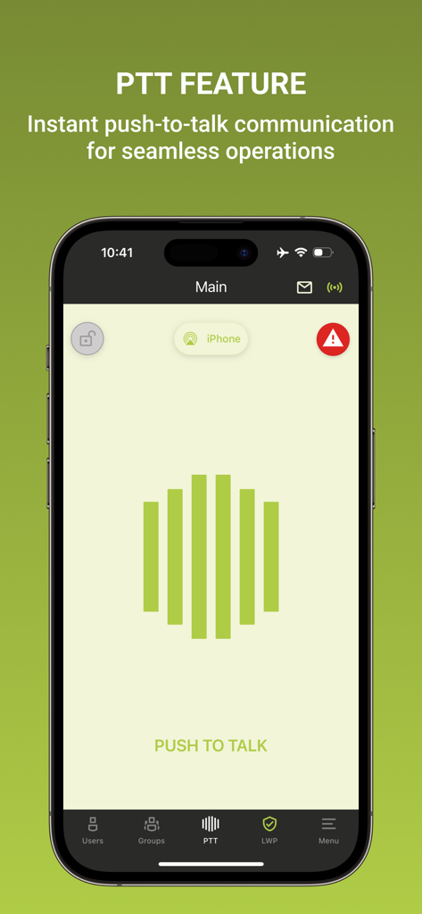 TASSTA T.Flex - TASSTA T.Flex app interface showing the push to talk feature for mission critical communication