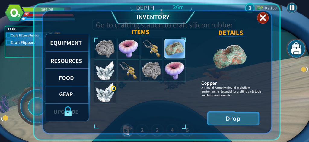 Deep Sea Creatures: Ocean Game - Schermata dell'inventario in Deep Sea Creatures Ocean Game che mostra risorse raccolte come rame e piante aliene con attività di crafting.