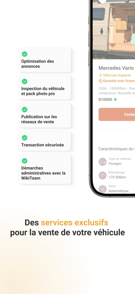 Wikicampers - Exclusive services for selling an RV on the Wikicampers mobile app including inspection and secure transactions.