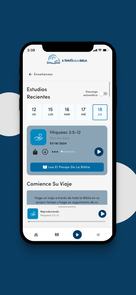 TTB Español (América Latina) - Interfaz de la aplicación móvil TTB Español que muestra estudios bíblicos recientes y detalles de las lecciones en español.