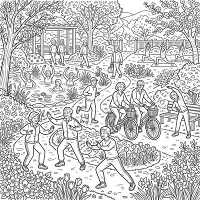 Discover the joy of active aging with this delightful coloring page featuring seniors exercising amidst the beauty of spring. From yoga to cycling, this vibrant scene is packed with uplifting activities and blooming flowers waiting for your creative touch.