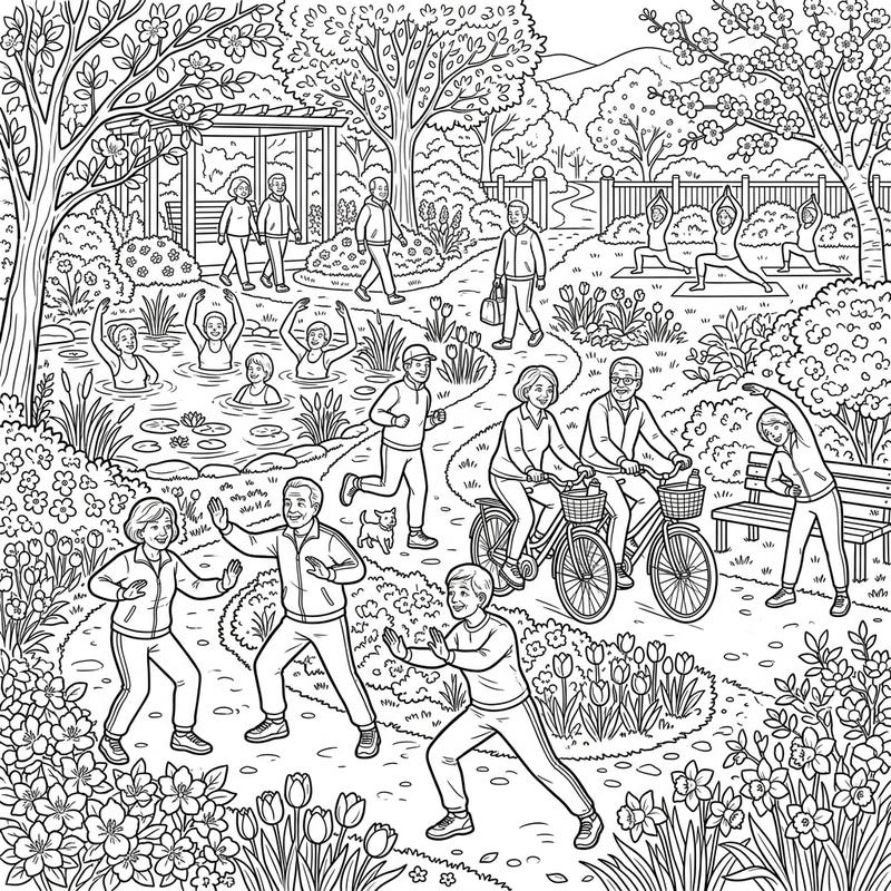 Discover the joy of active aging with this delightful coloring page featuring seniors exercising amidst the beauty of spring. From yoga to cycling, this vibrant scene is packed with uplifting activities and blooming flowers waiting for your creative touch.