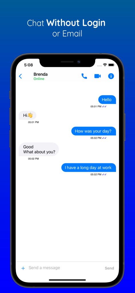 Mobile app interface of ChatHub showing an anonymous text conversation without login or email