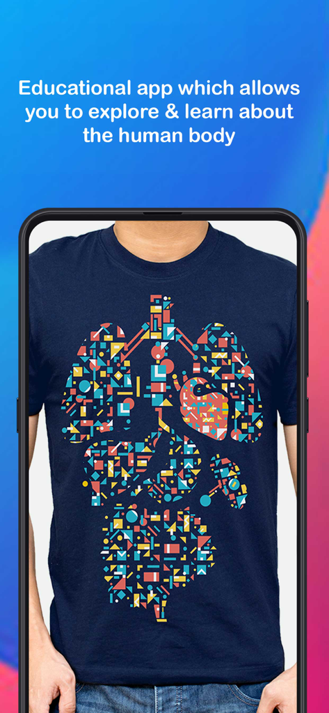 バーチャルTシャツを使用した人体解剖学のための教育用ARアプリを表示するスマートフォンの画面