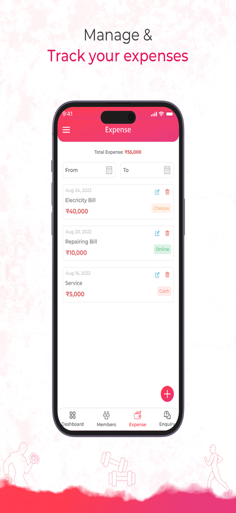 FitnessMaa: Gym Management App - FitnessMaaモバイルアプリ画面。ジムオーナー向けのジム経費管理と追跡を表示。
