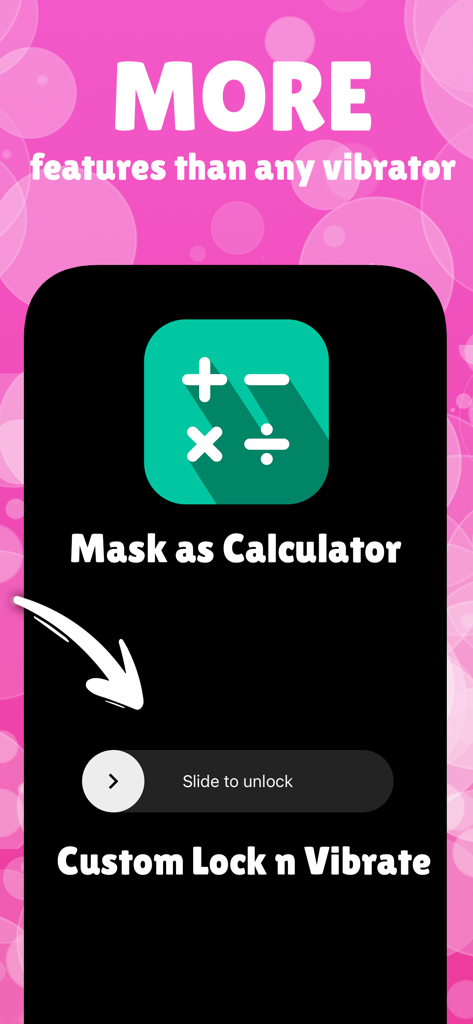 Interfaz de una app de vibración mostrando una máscara de calculadora y una pantalla de bloqueo personalizada para la privacidad.