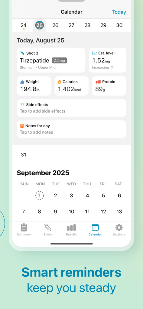 Shotsy - GLP-1 Tracker - Vue calendrier de l'application Shotsy pour le suivi des doses de médicaments GLP-1, du poids et de la nutrition.