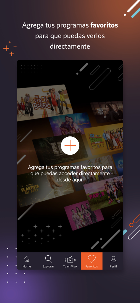 América tvGO Internacional - Interface of the America tvGO app showing the screen to add favorite TV programs