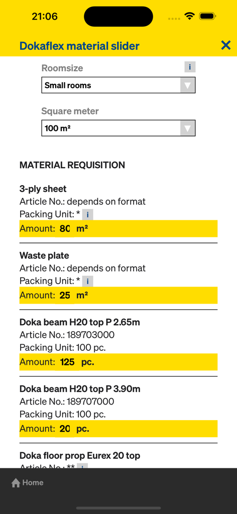 Doka Tools App-Oberfläche mit dem Dokaflex-Materialschieberegler und einer Materialanforderungsliste für Baustoffe.