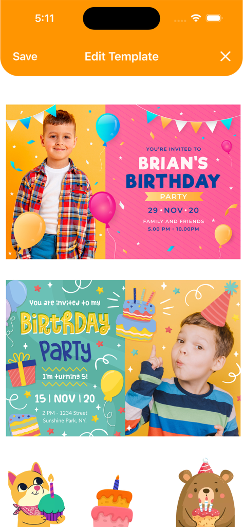 Birthday Invitations Maker - Birthday invitation maker app interface showing editable templates with children photos and festive stickers