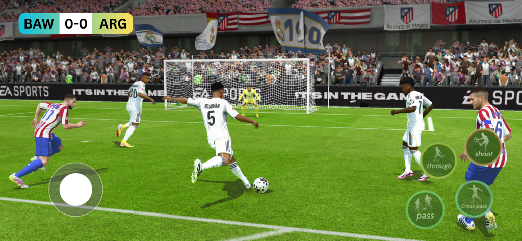 Football League Gems - Mobile soccer gameplay showing player controls for shooting and passing in a stadium.