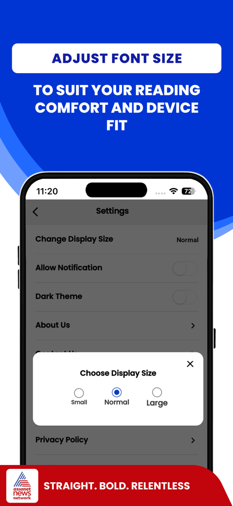 Interfaccia dell'app Asianet News che mostra le opzioni di regolazione della dimensione del carattere e del display per il comfort dell'utente