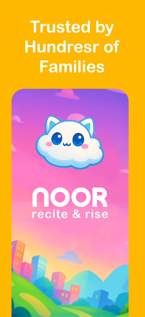 NOOR – Teaches Quran for Kids - Tela promocional para o aplicativo NOOR Quran for Kids apresentando um mascote fofo de nuvem e o slogan 'recite and rise'.