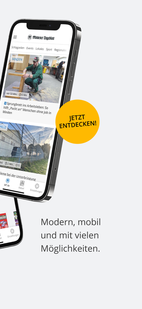Mindener Tageblatt - Smartphone screen showing the Mindener Tageblatt app interface with local news headlines from the Minden region.