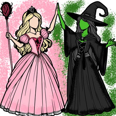 detailed realistic split of a princess and a witch