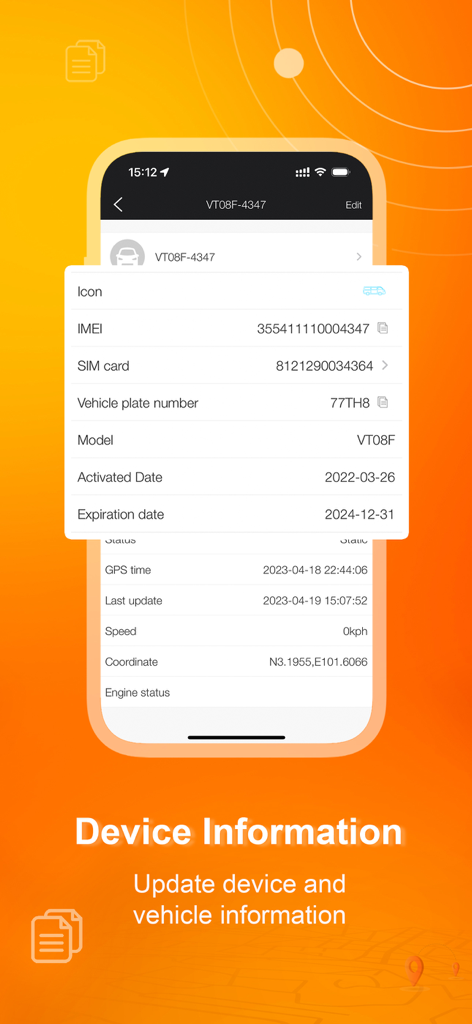 A mobile interface of the Protrack GPS app displaying vehicle details like IMEI and license plate number.