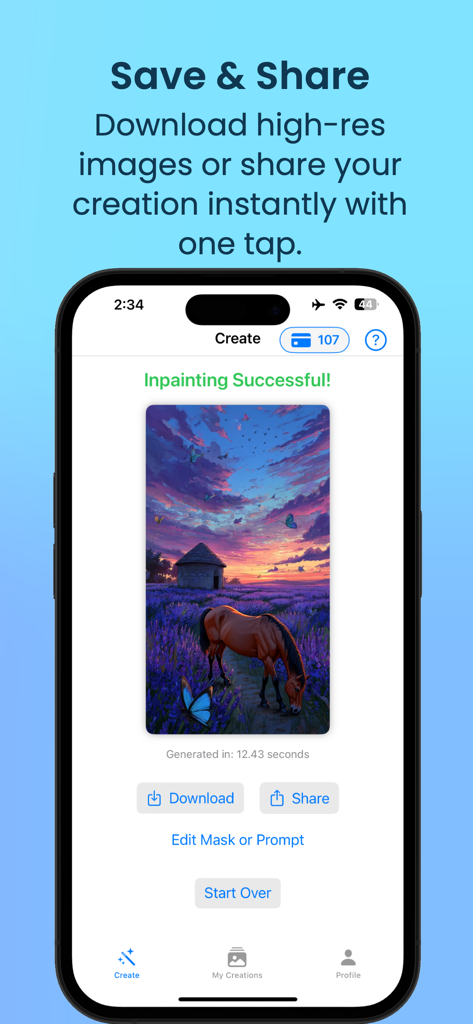 AI Photo Editor: Inpaintly - Pantalla de la aplicación Inpaintly mostrando opciones para descargar o compartir una imagen generada por IA de alta resolución.