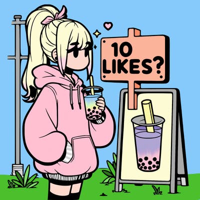 girl with oversized hoodie drinking boba and she has a high ponytail with a sign that says 10likes?
